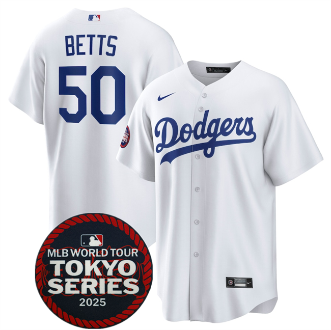 Men's Los Angeles Dodgers #50 Mookie Betts White 2025 World Tour Tokyo Series Home Stitched Baseball Jersey Men's Los Angeles Dodgers #50 Mookie Betts White 2025 World Tour Tokyo Series Home Stitched Baseball Jersey