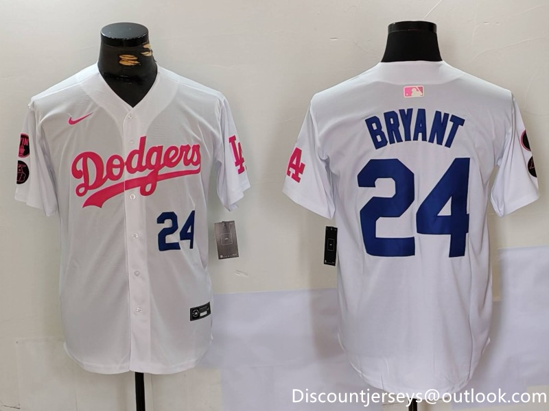 Men's Los Angeles Dodgers #24 Kobe Bryant White Pink Vin & Kobe Patch Stitched Baseball Jersey 5 Men's Los Angeles Dodgers #24 Kobe Bryant White Pink Vin & Kobe Patch Stitched Baseball Jersey 5