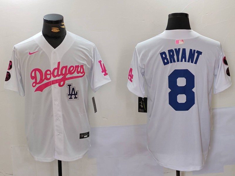 Men's Los Angeles Dodgers #8 Kobe Bryant White Pink Vin & Kobe Patch Stitched Baseball Jersey 3 Men's Los Angeles Dodgers #8 Kobe Bryant White Pink Vin & Kobe Patch Stitched Baseball Jersey 3