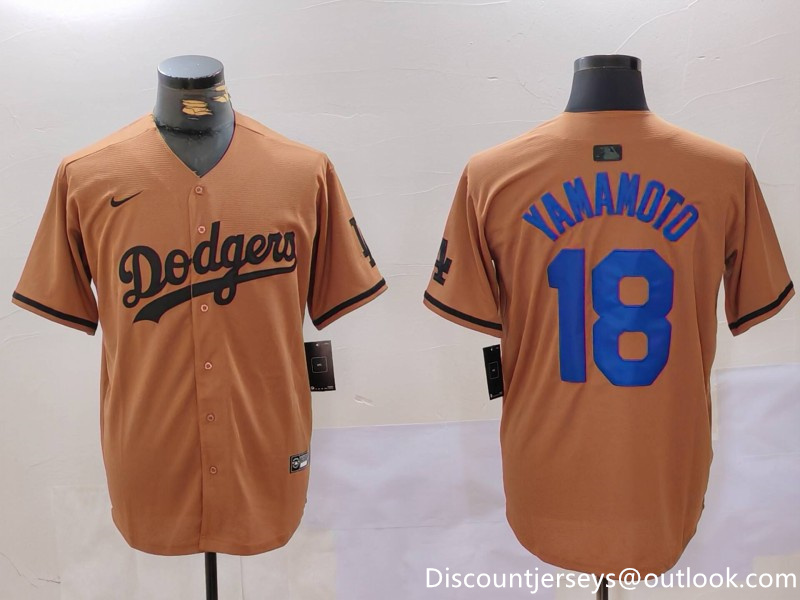 Men's Los Angeles Dodgers #18 Yoshinobu Yamamoto Brown Cool Base Stitched Baseball Jersey 2 Men's Los Angeles Dodgers #18 Yoshinobu Yamamoto Brown Cool Base Stitched Baseball Jersey 2