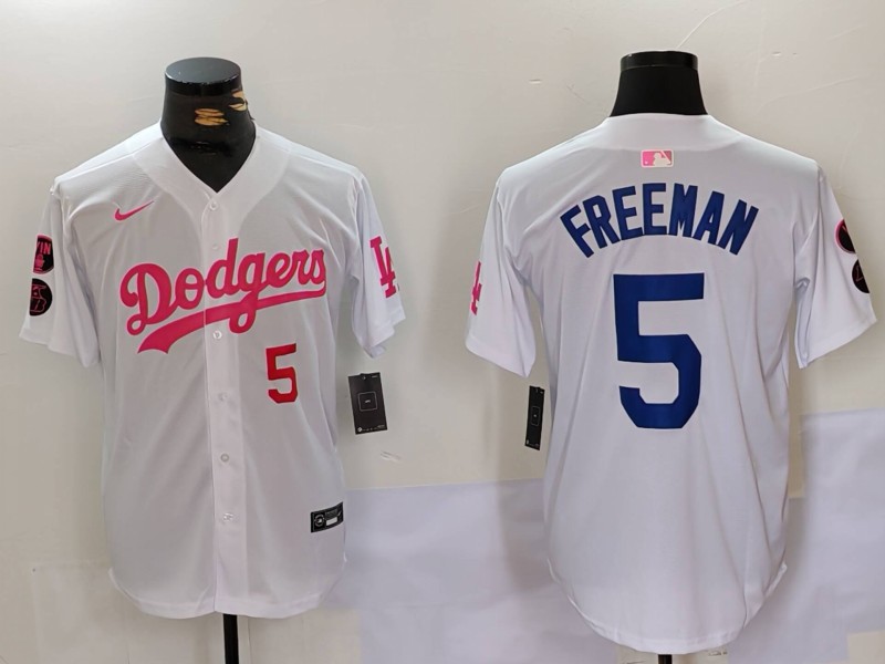 Men's Los Angeles Dodgers #5 Freddie Freeman White Pink Vin & Kobe Patch Stitched Baseball Jerseys Men's Los Angeles Dodgers #5 Freddie Freeman White Pink Vin & Kobe Patch Stitched Baseball Jerseys