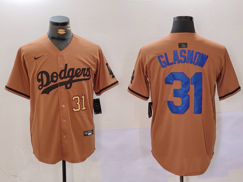 Men's Los Angeles Dodgers #31 Tyler Glasnow Brown Cool Base Stitched Baseball Jersey 2 Men's Los Angeles Dodgers #31 Tyler Glasnow Brown Cool Base Stitched Baseball Jersey 2