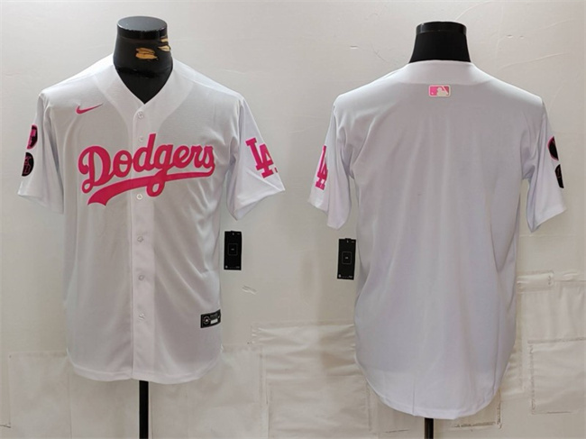Men's Los Angeles Dodgers Blank White Pink Vin & Kobe Patch Stitched Baseball Jersey Men's Los Angeles Dodgers Blank White Pink Vin & Kobe Patch Stitched Baseball Jersey