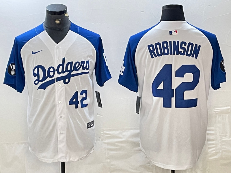 Men's Los Angeles Dodgers #42 Jackie Robinson White Blue Vin Patch Cool Base Stitched Baseball Jersey 4 Men's Los Angeles Dodgers #42 Jackie Robinson White Blue Vin Patch Cool Base Stitched Baseball Jersey 4