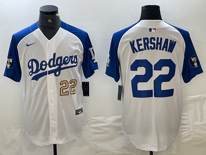 Men's Los Angeles Dodgers #22 Clayton Kershaw White Blue Vin Patch Cool Base Stitched Baseball Jersey 9 Men's Los Angeles Dodgers #22 Clayton Kershaw White Blue Vin Patch Cool Base Stitched Baseball Jersey 9