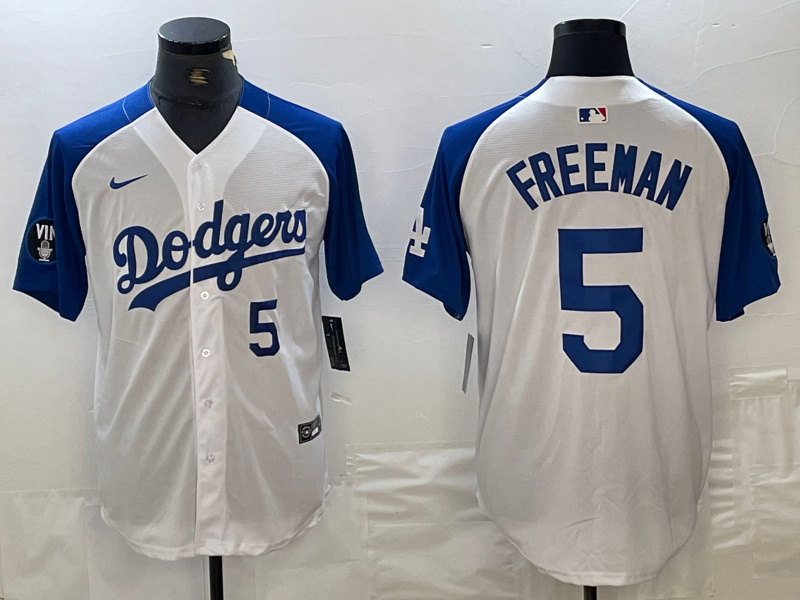 Men's Los Angeles Dodgers #5 Freddie Freeman White Blue Vin Patch Cool Base Stitched Baseball Jersey 1 Men's Los Angeles Dodgers #5 Freddie Freeman White Blue Vin Patch Cool Base Stitched Baseball Jersey 1