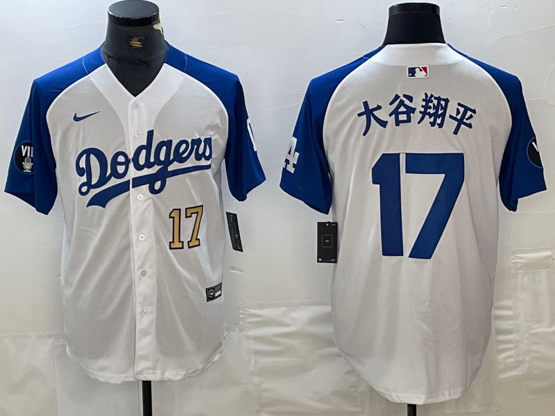 Men's Los Angeles Dodgers #17 Shohei Ohtani White Blue Vin Patch Cool Base Stitched Baseball Jersey 4 Men's Los Angeles Dodgers #17 Shohei Ohtani White Blue Vin Patch Cool Base Stitched Baseball Jersey 4