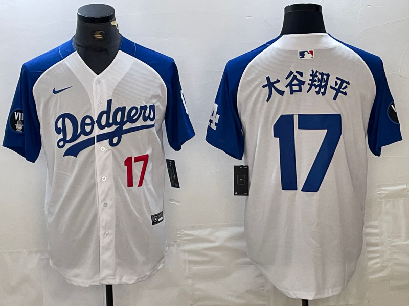 Men's Los Angeles Dodgers #17 Shohei Ohtani White Blue Vin Patch Cool Base Stitched Baseball Jersey 2 Men's Los Angeles Dodgers #17 Shohei Ohtani White Blue Vin Patch Cool Base Stitched Baseball Jersey 2