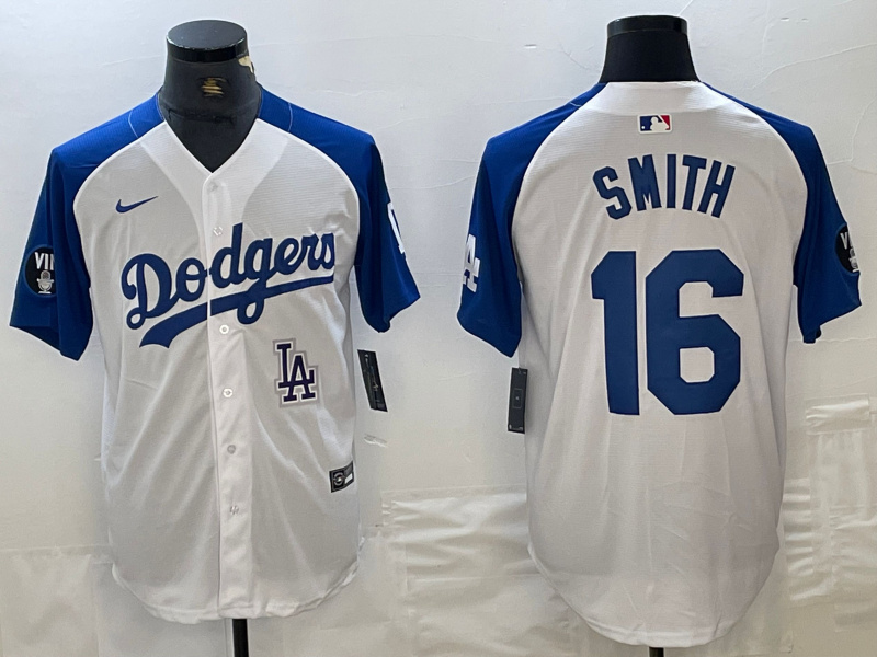Men's Los Angeles Dodgers #16 Will Smith White Blue Vin Patch Cool Base Stitched Baseball Jersey 9 Men's Los Angeles Dodgers #16 Will Smith White Blue Vin Patch Cool Base Stitched Baseball Jersey 9