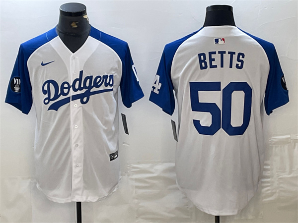 Men's Los Angeles Dodgers #50 Mookie Betts White Blue Vin Patch Cool Base Stitched Baseball Jersey Men's Los Angeles Dodgers #50 Mookie Betts White Blue Vin Patch Cool Base Stitched Baseball Jersey