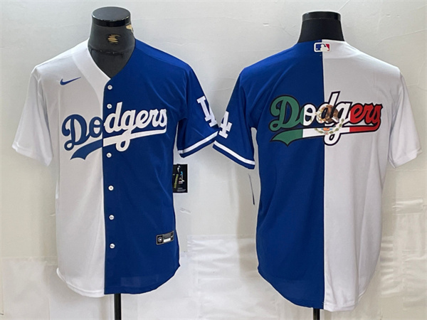 Men's Los Angeles Dodgers Team Big Logo White Blue Split Cool Base Stitched Baseball Jersey 1 Men's Los Angeles Dodgers Team Big Logo White Blue Split Cool Base Stitched Baseball Jersey 1