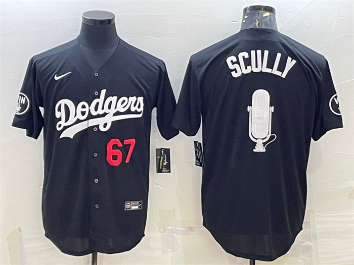 Men's Los Angeles Dodgers #67 Vin Scully Black Big Logo With Vin Scully Patch Stitched Jersey 2 Men's Los Angeles Dodgers #67 Vin Scully Black Big Logo With Vin Scully Patch Stitched Jersey 2