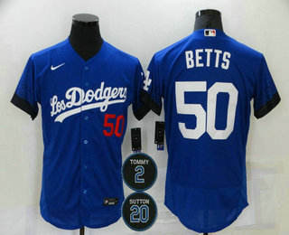 Men's Los Angeles Dodgers #50 Mookie Betts Blue #2 #20 Patch City Connect Flex Base Stitched Jersey Men's Los Angeles Dodgers #50 Mookie Betts Blue #2 #20 Patch City Connect Flex Base Stitched Jersey