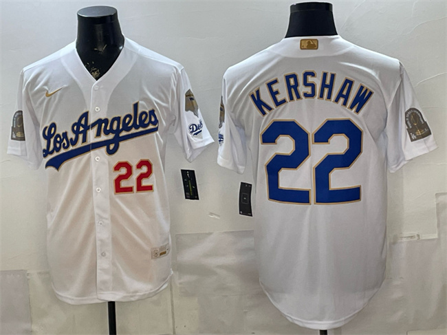 Men's Los Angeles Dodgers #22 Clayton Kershaw White 2026 Gold Collection 9x & B2B Champs Patch Stitched Baseball Jersey Men's Los Angeles Dodgers #22 Clayton Kershaw White 2026 Gold Collection 9x & B2B Champs Patch Stitched Baseball Jersey