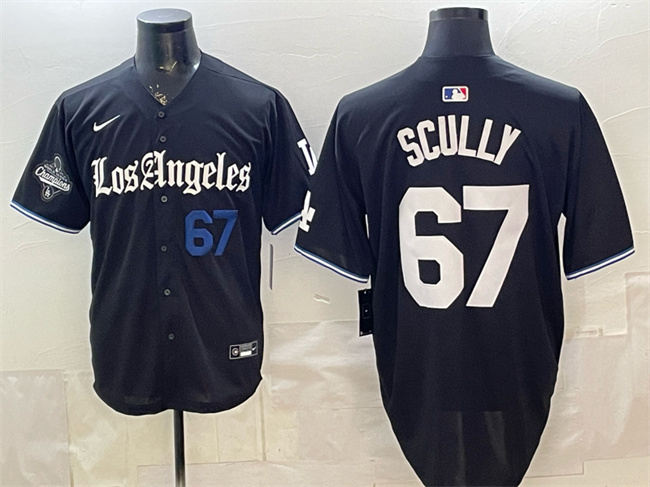 Men's Los Angeles Dodgers #67 Vin Scully Black 2025 World Series Champions Patch 'Gothic Edition' Vapor Premier Limited Stitched Baseball Jersey Men's Los Angeles Dodgers #67 Vin Scully Black 2025 World Series Champions Patch 'Gothic Edition' Vapor Premier Limited Stitched Baseball Jersey