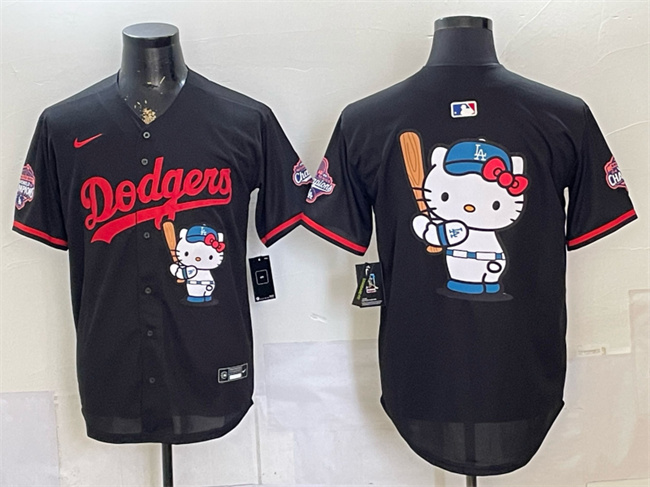 Men's Los Angeles Dodgers Team Big Logo Black Hello Kitty Night 2025 World Series Champions Patch Stitched Baseball Jersey Men's Los Angeles Dodgers Team Big Logo Black Hello Kitty Night 2025 World Series Champions Patch Stitched Baseball Jersey