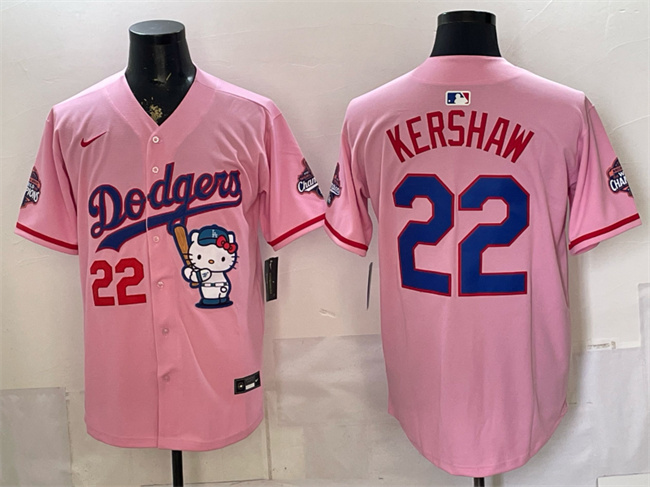 Men's Los Angeles Dodgers #22 Clayton Kershaw Pink Hello Kitty Night 2025 World Series Champions Patch Stitched Baseball Jersey Men's Los Angeles Dodgers #22 Clayton Kershaw Pink Hello Kitty Night 2025 World Series Champions Patch Stitched Baseball Jersey