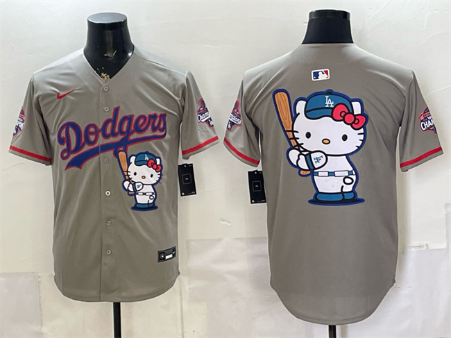 Men's Los Angeles Dodgers Team Big Logo Grey Hello Kitty Night 2025 World Series Champions Patch Stitched Baseball Jersey Men's Los Angeles Dodgers Team Big Logo Grey Hello Kitty Night 2025 World Series Champions Patch Stitched Baseball Jersey