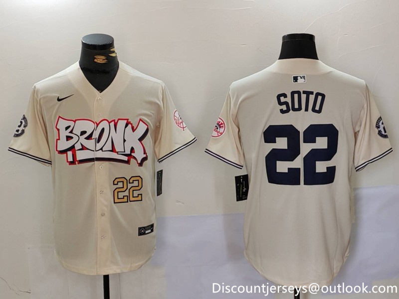 Men's New York Yankees #22 Juan Soto Cream The Bronx Graffiti V2 Vapor Limited Stitched Baseball Jersey 1 Men's New York Yankees #22 Juan Soto Cream The Bronx Graffiti V2 Vapor Limited Stitched Baseball Jersey 1