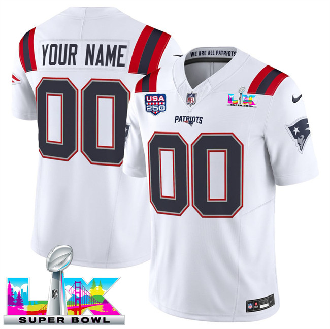 Men's New England Patriots Active Player Custom White 2025 F.U.S.E. Super Bowl LX & US 250th anniversary Patch Vapor Limited Stitched Football Jersey Men's New England Patriots Active Player Custom White 2025 F.U.S.E. Super Bowl LX & US 250th anniversary Patch Vapor Limited Stitched Football Jersey