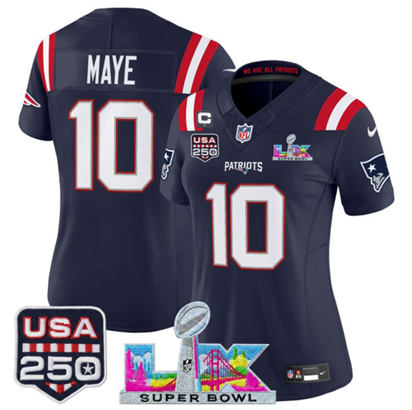 Women's New England Patriots #10 Drake Maye Navy 2025 F.U.S.E. 1-Star C Patch And Super Bowl LX Patch & USA 250' Patch Vapor Limited Football Stitched Jersey(Run Small) Women's New England Patriots #10 Drake Maye Navy 2025 F.U.S.E. 1-Star C Patch And Super Bowl LX Patch & USA 250' Patch Vapor Limited Football Stitched Jersey(Run Small)