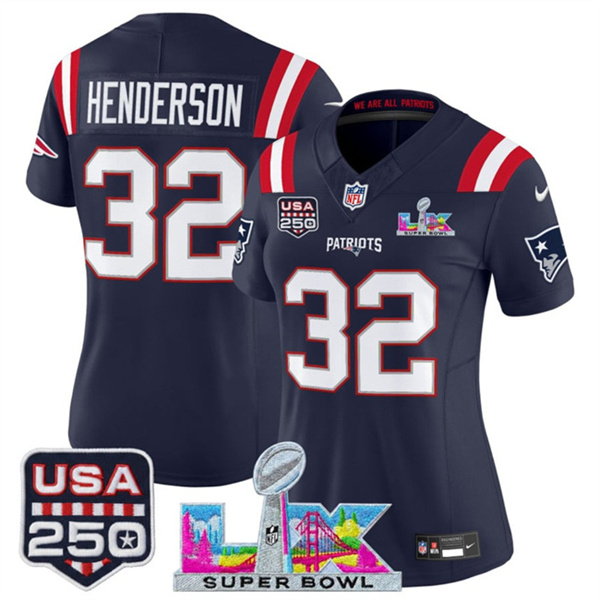 Women's New England Patriots #32 TreVeyon Henderson Navy 2025 F.U.S.E. Super Bowl LX Patch And USA 250' Patch Vapor Limited Football Stitched Jersey(Run Small) Women's New England Patriots #32 TreVeyon Henderson Navy 2025 F.U.S.E. Super Bowl LX Patch And USA 250' Patch Vapor Limited Football Stitched Jersey(Run Small)