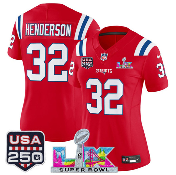 Women's New England Patriots #32 TreVeyon Henderson Red 2025 F.U.S.E. Super Bowl LX Patch And USA 250' Patch Vapor Limited Football Stitched Jersey(Run Small) Women's New England Patriots #32 TreVeyon Henderson Red 2025 F.U.S.E. Super Bowl LX Patch And USA 250' Patch Vapor Limited Football Stitched Jersey(Run Small)