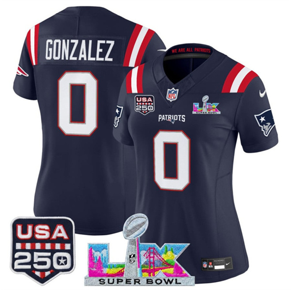 Women's New England Patriots #0 Christian Gonzalez Navy 2025 F.U.S.E. Super Bowl LX Patch And USA 250' Patch Vapor Limited Football Stitched Jersey(Run Small) Women's New England Patriots #0 Christian Gonzalez Navy 2025 F.U.S.E. Super Bowl LX Patch And USA 250' Patch Vapor Limited Football Stitched Jersey(Run Small)