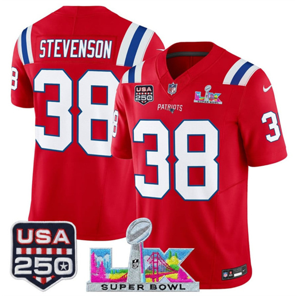 Youth New England Patriots #38 Rhamondre Stevenson Red 2025 F.U.S.E. Super Bowl LX Patch And USA 250' Patch Vapor Limited Stitched Football Jersey Youth New England Patriots #38 Rhamondre Stevenson Red 2025 F.U.S.E. Super Bowl LX Patch And USA 250' Patch Vapor Limited Stitched Football Jersey