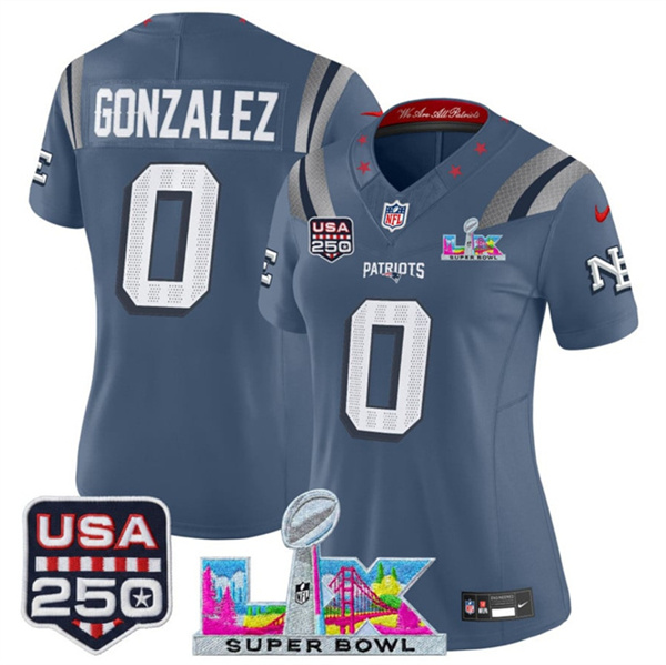 Women's New England Patriots #0 Christian Gonzalez Storm Blue 2025 F.U.S.E. Super Bowl LX & USA 250' Patch “Rivalries” Vapor Limited Football Stitched Jersey(Run Small) Women's New England Patriots #0 Christian Gonzalez Storm Blue 2025 F.U.S.E. Super Bowl LX & USA 250' Patch “Rivalries” Vapor Limited Football Stitched Jersey(Run Small)