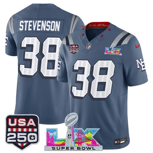 Men's New England Patriots #38 Rhamondre Stevenson Storm Blue 2025 F.U.S.E. Super Bowl LX & USA 250' Patch “Rivalries” Vapor Limited Football Stitched Jersey Men's New England Patriots #38 Rhamondre Stevenson Storm Blue 2025 F.U.S.E. Super Bowl LX & USA 250' Patch “Rivalries” Vapor Limited Football Stitched Jersey