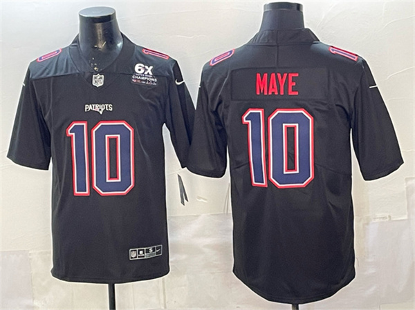 Men's New England Patriots #10 Drake Maye Black Fashion With 6x Super Bowl Champions Patch Vapor Untouchable Limited Stitched Football Jersey Men's New England Patriots #10 Drake Maye Black Fashion With 6x Super Bowl Champions Patch Vapor Untouchable Limited Stitched Football Jersey