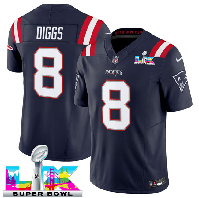 Men's New England Patriots #8 Stefon Diggs Navy 2025 F.U.S.E. Super Bowl LX Patch Vapor Limited Stitched Football Jersey Men's New England Patriots #8 Stefon Diggs Navy 2025 F.U.S.E. Super Bowl LX Patch Vapor Limited Stitched Football Jersey