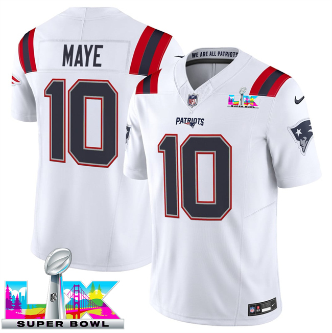 Men's New England Patriots #10 Drake Maye White 2025 F.U.S.E. Super Bowl LX Patch Vapor Limited Stitched Football Jersey Men's New England Patriots #10 Drake Maye White 2025 F.U.S.E. Super Bowl LX Patch Vapor Limited Stitched Football Jersey
