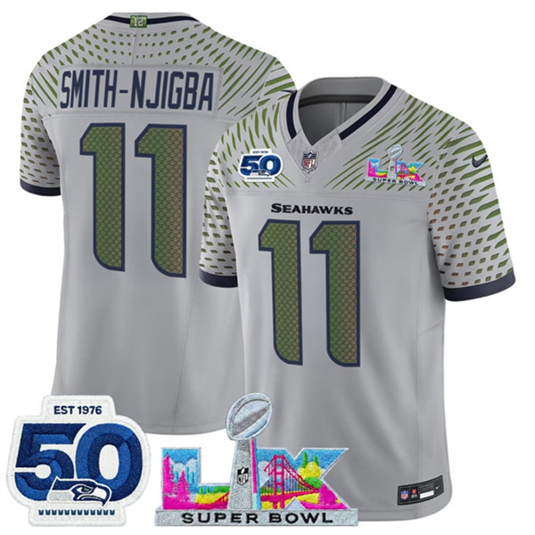 Youth Seattle Seahawks #11 Jaxon Smith-Njigba Grey 2025 F.U.S.E. Super Bowl LX Patch And 50th Season Patch “Rivalries” Vapor Limited Stitched Football Jersey Youth Seattle Seahawks #11 Jaxon Smith-Njigba Grey 2025 F.U.S.E. Super Bowl LX Patch And 50th Season Patch “Rivalries” Vapor Limited Stitched Football Jersey