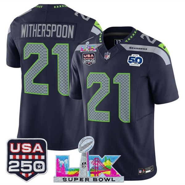 Men's Seattle Seahawks #21 Devon Witherspoon Navy 2025 F.U.S.E. Super Bowl LX Patch And 50th Season & USA 250' Patch Vapor Limited Football Stitched Jersey Men's Seattle Seahawks #21 Devon Witherspoon Navy 2025 F.U.S.E. Super Bowl LX Patch And 50th Season & USA 250' Patch Vapor Limited Football Stitched Jersey