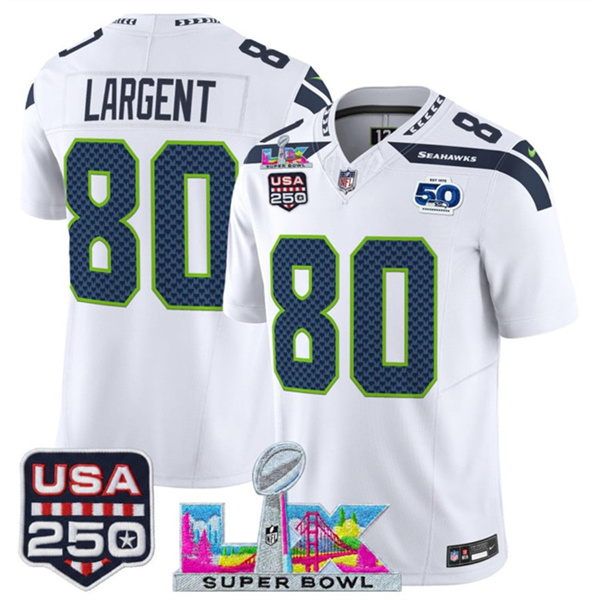 Men's Seattle Seahawks #80 Steve Largent White 2025 F.U.S.E. Super Bowl LX Patch And 50th Season & USA 250' Patch Vapor Limited Football Stitched Jersey Men's Seattle Seahawks #80 Steve Largent White 2025 F.U.S.E. Super Bowl LX Patch And 50th Season & USA 250' Patch Vapor Limited Football Stitched Jersey