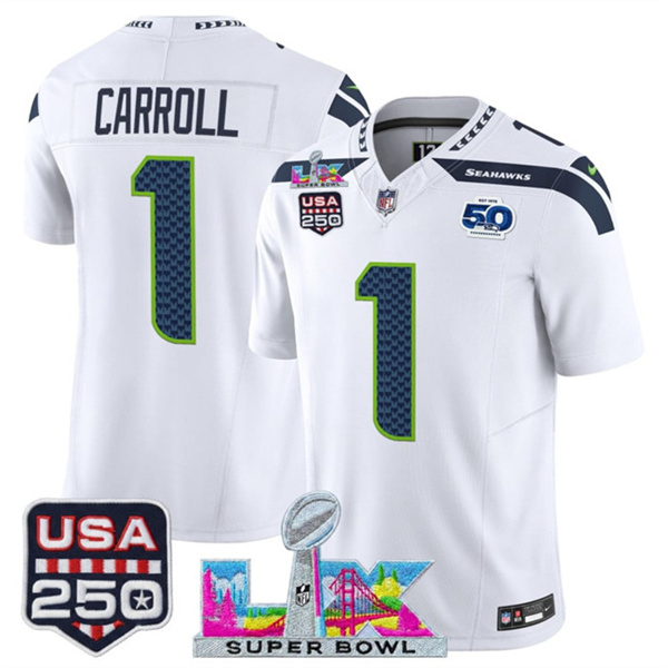 Men's Seattle Seahawks #1 Pete Carroll White 2025 F.U.S.E. Super Bowl LX Patch And 50th Season & USA 250' Patch Vapor Limited Football Stitched Jersey Men's Seattle Seahawks #1 Pete Carroll White 2025 F.U.S.E. Super Bowl LX Patch And 50th Season & USA 250' Patch Vapor Limited Football Stitched Jersey