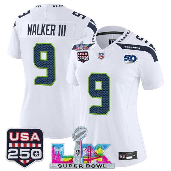 Women's Seattle Seahawks #9 Kenneth Walker III White 2025 F.U.S.E. Super Bowl LX Patch And 50th Season & USA 250' Patch Vapor Limited Football Stitched Jersey(Run Small) Women's Seattle Seahawks #9 Kenneth Walker III White 2025 F.U.S.E. Super Bowl LX Patch And 50th Season & USA 250' Patch Vapor Limited Football Stitched Jersey(Run Small)