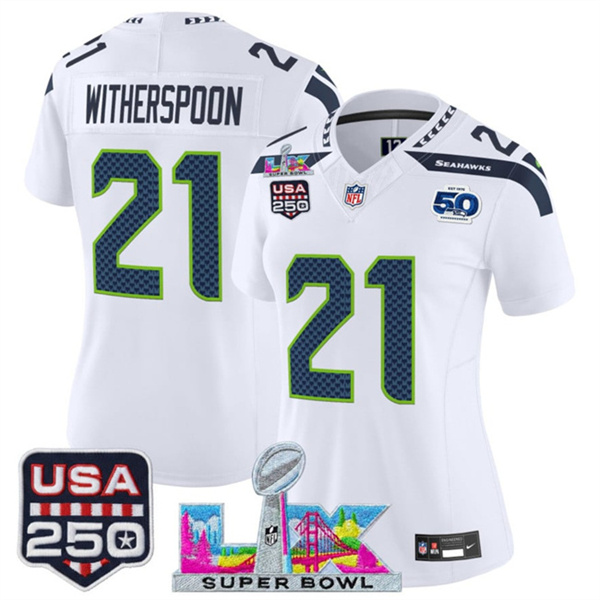Women's Seattle Seahawks #21 Devon Witherspoon White 2025 F.U.S.E. Super Bowl LX Patch And 50th Season & USA 250' Patch Vapor Limited Football Stitched Jersey(Run Small) Women's Seattle Seahawks #21 Devon Witherspoon White 2025 F.U.S.E. Super Bowl LX Patch And 50th Season & USA 250' Patch Vapor Limited Football Stitched Jersey(Run Small)