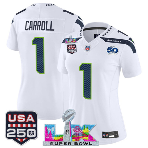 Women's Seattle Seahawks #1 Pete Carroll White 2025 F.U.S.E. Super Bowl LX Patch And 50th Season & USA 250' Patch Vapor Limited Football Stitched Jersey(Run Small) Women's Seattle Seahawks #1 Pete Carroll White 2025 F.U.S.E. Super Bowl LX Patch And 50th Season & USA 250' Patch Vapor Limited Football Stitched Jersey(Run Small)