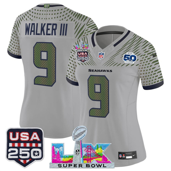 Women's Seattle Seahawks #9 Kenneth Walker III Gray 2025 F.U.S.E. Super Bowl LX & US 250th anniversary Patch And 50th Season Patch “Rivalries” Vapor Limited Football Stitched Jersey(Run Small) Women's Seattle Seahawks #9 Kenneth Walker III Gray 2025 F.U.S.E. Super Bowl LX & US 250th anniversary Patch And 50th Season Patch “Rivalries” Vapor Limited Football Stitched Jersey(Run Small)