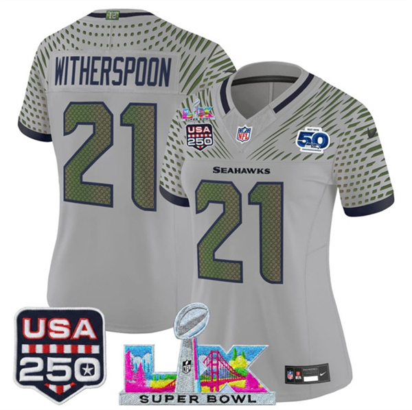 Women's Seattle Seahawks #21 Devon Witherspoon Gray 2025 F.U.S.E. Super Bowl LX & US 250th anniversary Patch And 50th Season Patch “Rivalries” Vapor Limited Football Stitched Jersey(Run Small) Women's Seattle Seahawks #21 Devon Witherspoon Gray 2025 F.U.S.E. Super Bowl LX & US 250th anniversary Patch And 50th Season Patch “Rivalries” Vapor Limited Football Stitched Jersey(Run Small)