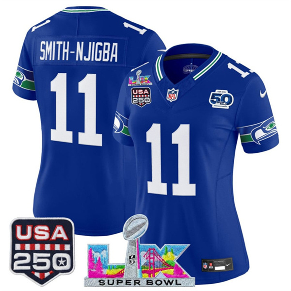 Njigba Royal 2025 F.U.S.E. Super Bowl LX Patch And 50th Season & USA 250' Patch Vapor Throwback Limited Stitched Football Jersey(Run Small) Njigba Royal 2025 F.U.S.E. Super Bowl LX Patch And 50th Season & USA 250' Patch Vapor Throwback Limited Stitched Football Jersey(Run Small)