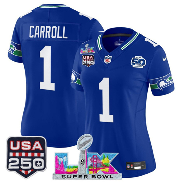 Women's Seattle Seahawks #1 Pete Carroll Royal 2025 F.U.S.E. Super Bowl LX Patch And 50th Season & USA 250' Patch Vapor Throwback Limited Stitched Football Jersey(Run Small) Women's Seattle Seahawks #1 Pete Carroll Royal 2025 F.U.S.E. Super Bowl LX Patch And 50th Season & USA 250' Patch Vapor Throwback Limited Stitched Football Jersey(Run Small)