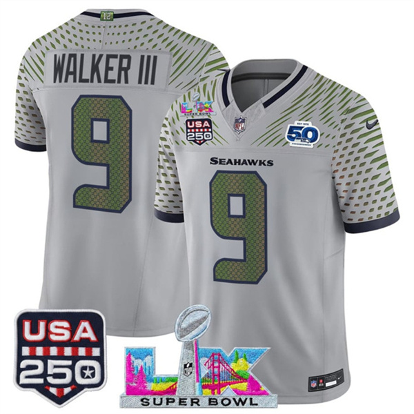 Youth Seattle Seahawks #9 Kenneth Walker III Gray 2025 F.U.S.E. Super Bowl LX & US 250th anniversary Patch And 50th Season Patch “Rivalries” Vapor Limited Stitched Football Jersey Youth Seattle Seahawks #9 Kenneth Walker III Gray 2025 F.U.S.E. Super Bowl LX & US 250th anniversary Patch And 50th Season Patch “Rivalries” Vapor Limited Stitched Football Jersey