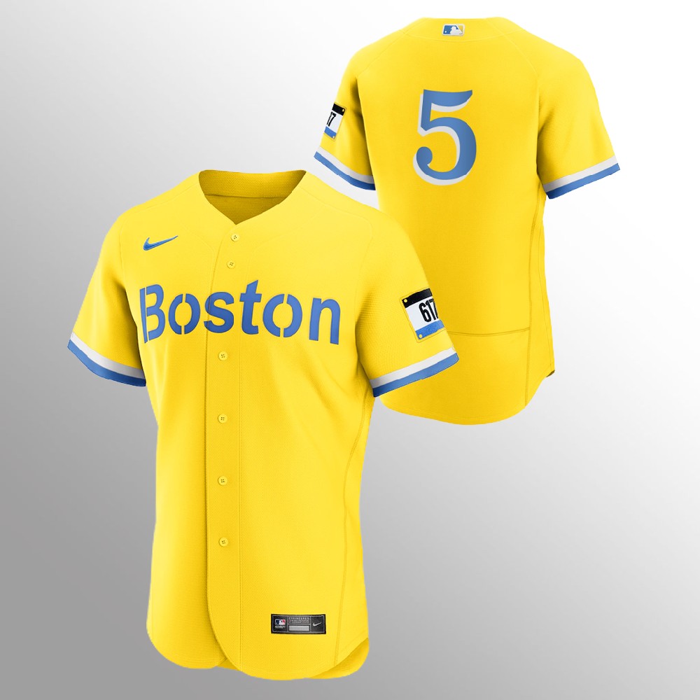 Boston Red Sox #5 Enrique Hernandez Men's Nike 2021 City Connect Gold Authentic MLB Jersey - No Name Boston Red Sox #5 Enrique Hernandez Men's Nike 2021 City Connect Gold Authentic MLB Jersey - No Name