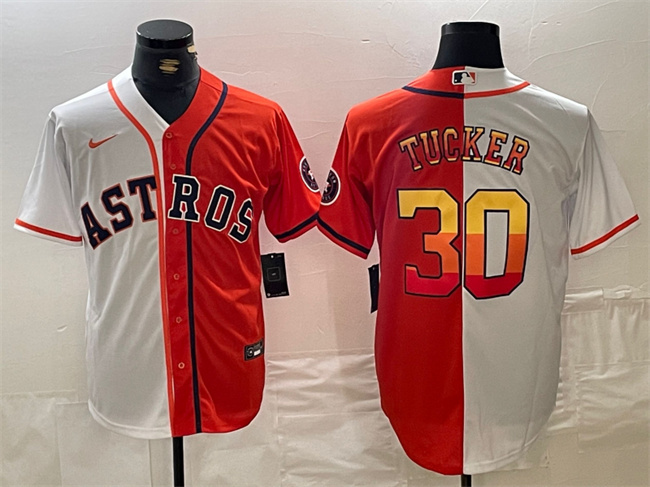 Men's Houston Astros #30 Kyle Tucker White Orange Split With Patch Cool Base Stitched Baseball Jersey Men's Houston Astros #30 Kyle Tucker White Orange Split With Patch Cool Base Stitched Baseball Jersey