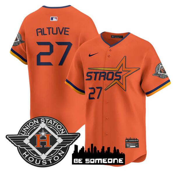 Men's Houston Astros #27 Jose Altuve Orange 2025 City Connect Limited Stitched Baseball Jersey Men's Houston Astros #27 Jose Altuve Orange 2025 City Connect Limited Stitched Baseball Jersey