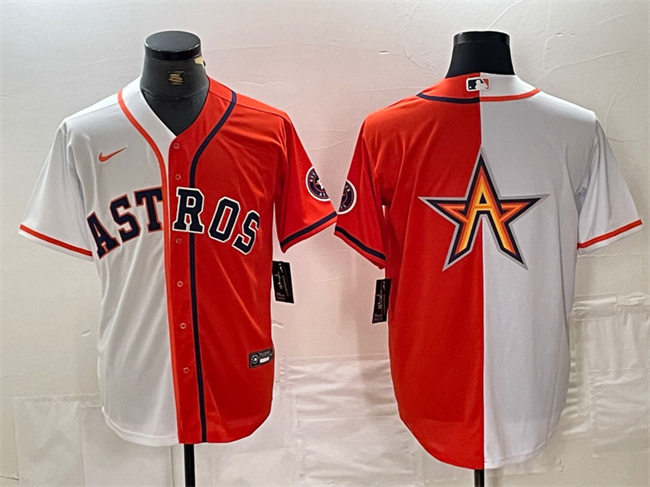 Men's Houston Astros White Orange Split Team Big Logo With Patch Cool Base Stitched Baseball Jersey 5 Men's Houston Astros White Orange Split Team Big Logo With Patch Cool Base Stitched Baseball Jersey 5